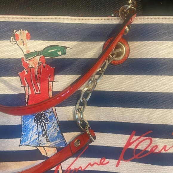 Anne Klein Mix Media Stripe/Denim/Leather Graphic Print Tote Handbag 250G - Picture 10 of 12